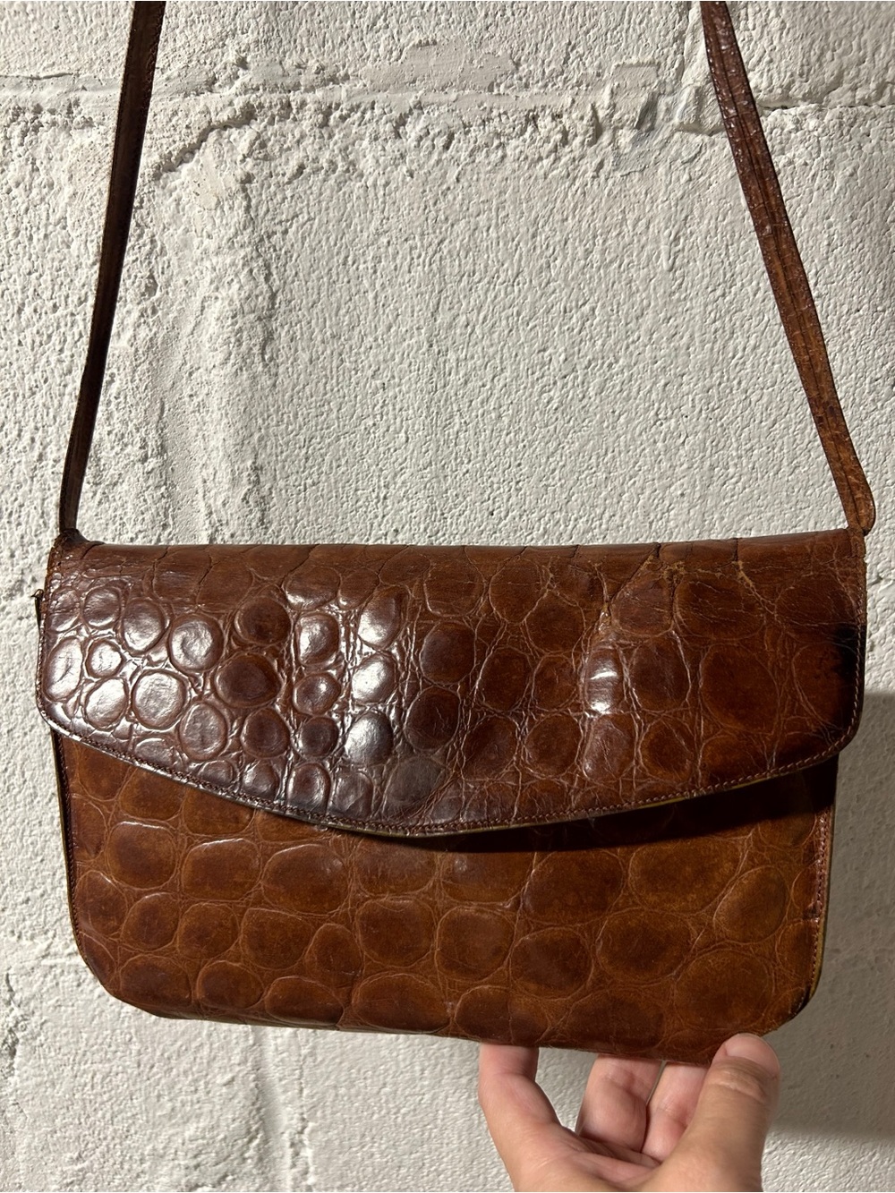 Joan & David Vintage Brown Croc-Embossed Leather Shoulder Bag